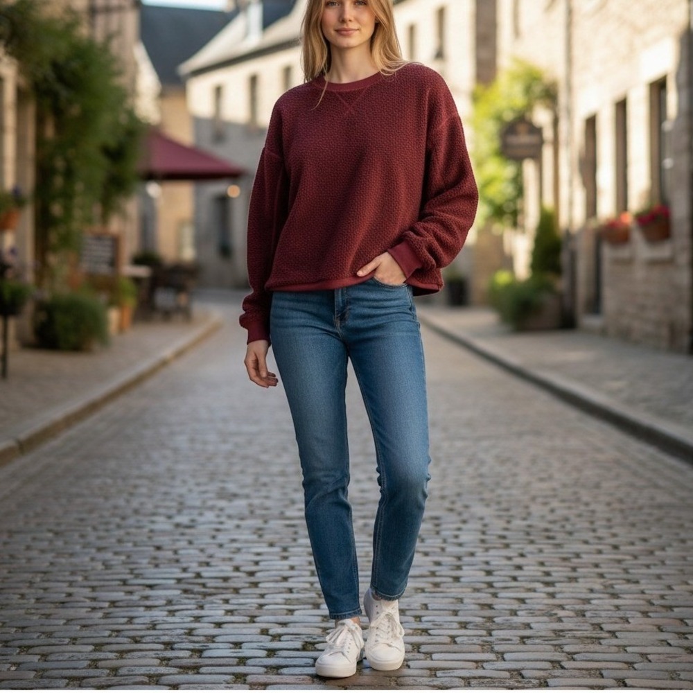 American Eagle Burgundy Boxy Sherpa Fleece Crewneck Sweatshirt L Relaxed Cozy